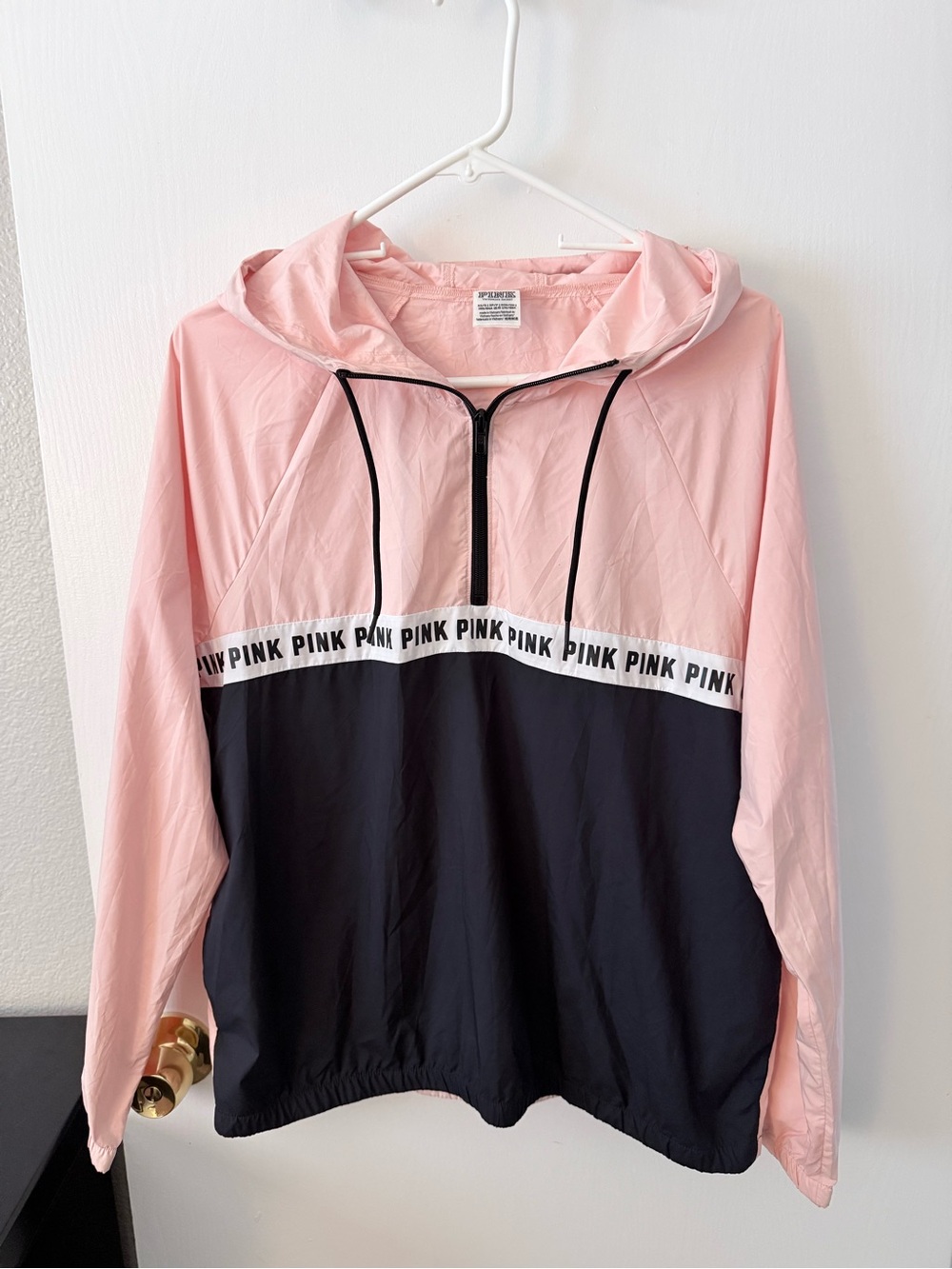 PINK Victoria's Secret Pink & Black Half-Zip Hooded Windbreaker